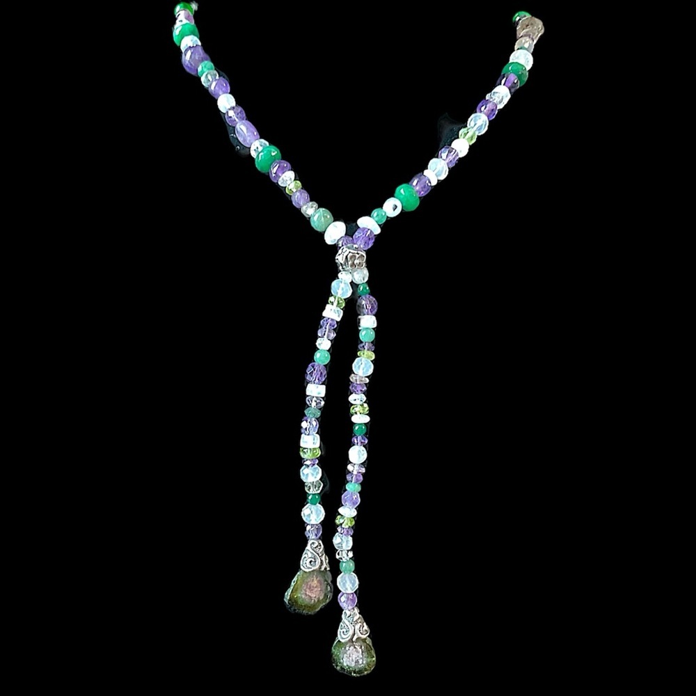 Vintage Sterling Silver Geode Amethyst Emerald Rock Crystal Bead Lariat Necklace